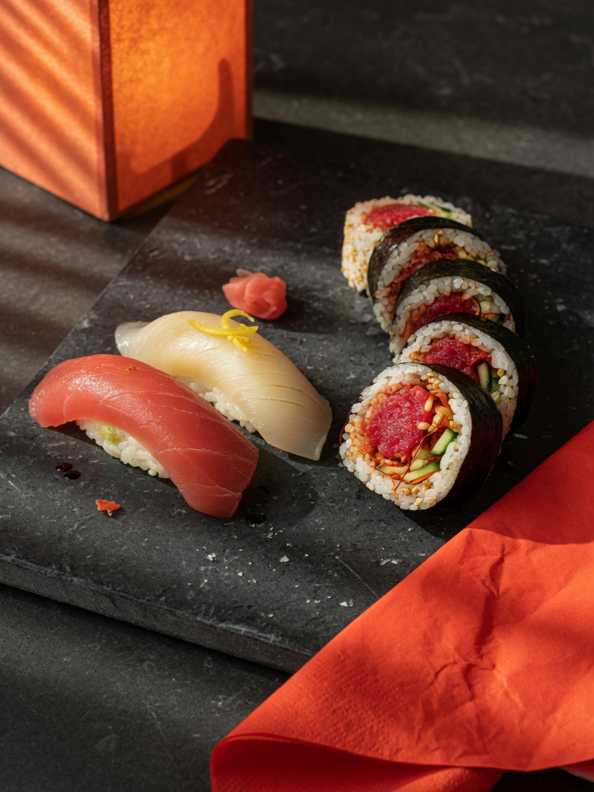 Nigiri and roll on dark stone