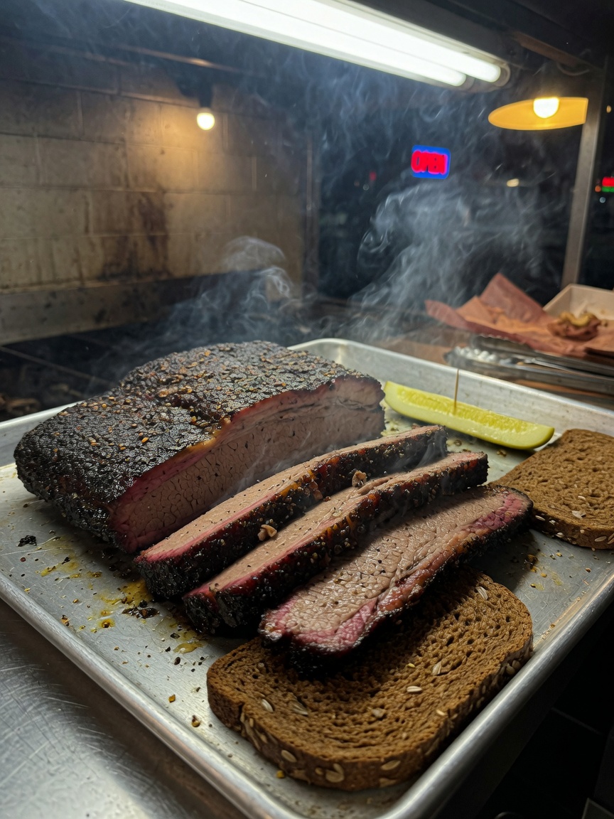 Sliced smoked brisket on a steel tray